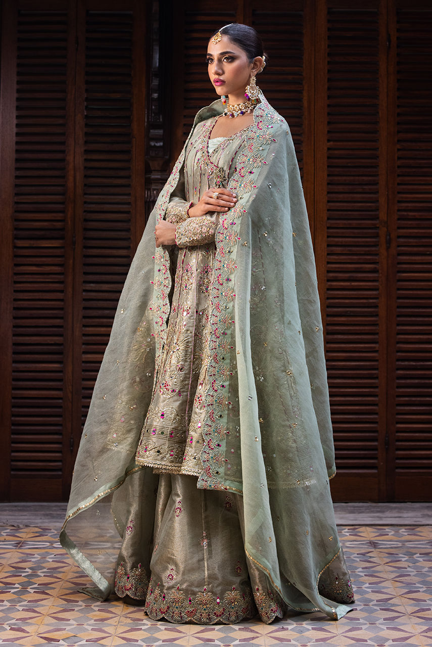 Pakistani Sage Green Embroidered Maysuri Angharka Lehenga (3-Piece) - Image 5