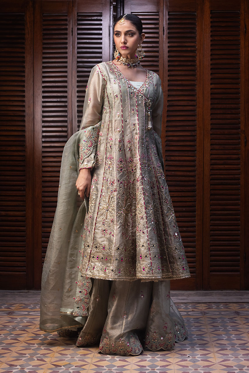 Pakistani Sage Green Embroidered Maysuri Angharka Lehenga (3-Piece) - Image 6