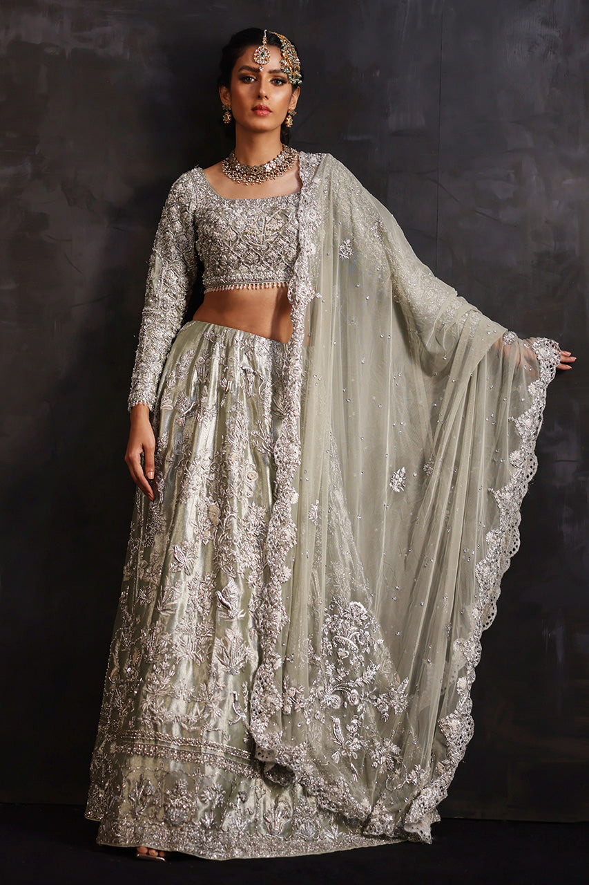 Pakistani Mint Zardozi Metallic Silk Bridal Lehnga Choli (3-Piece) - Image 1