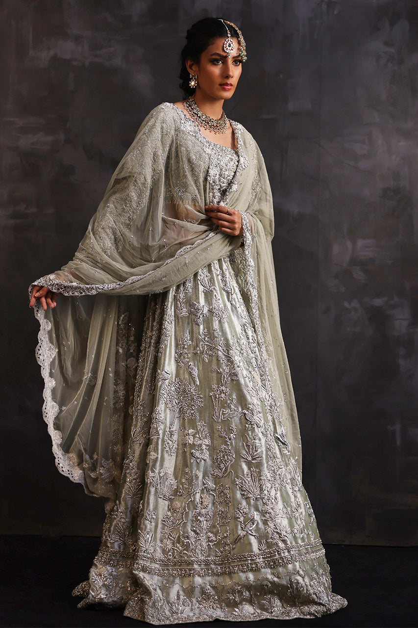 Pakistani Mint Zardozi Metallic Silk Bridal Lehnga Choli (3-Piece) - Image 2