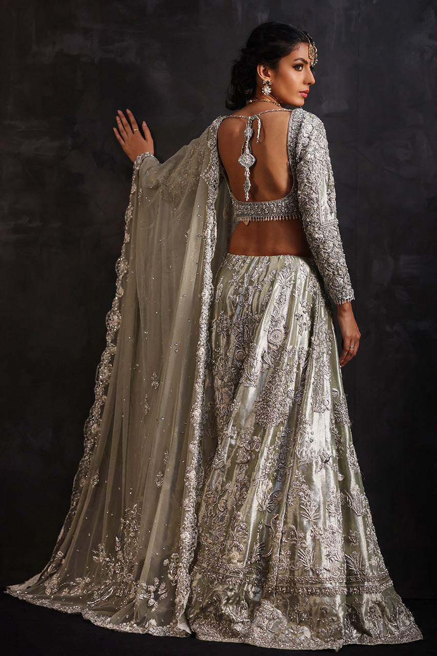Pakistani Mint Zardozi Metallic Silk Bridal Lehnga Choli (3-Piece) - Image 3