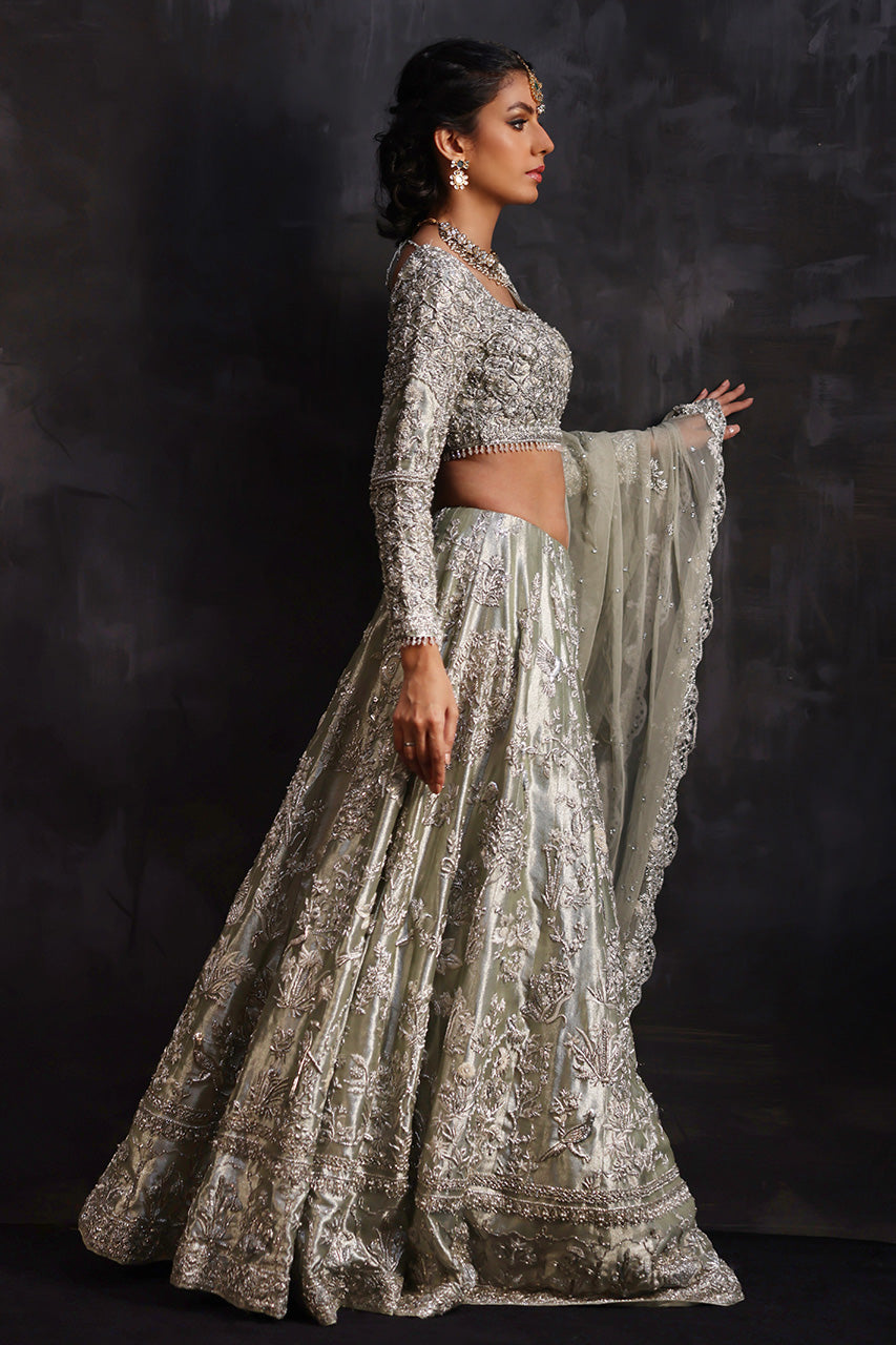 Pakistani Mint Zardozi Metallic Silk Bridal Lehnga Choli (3-Piece) - Image 4