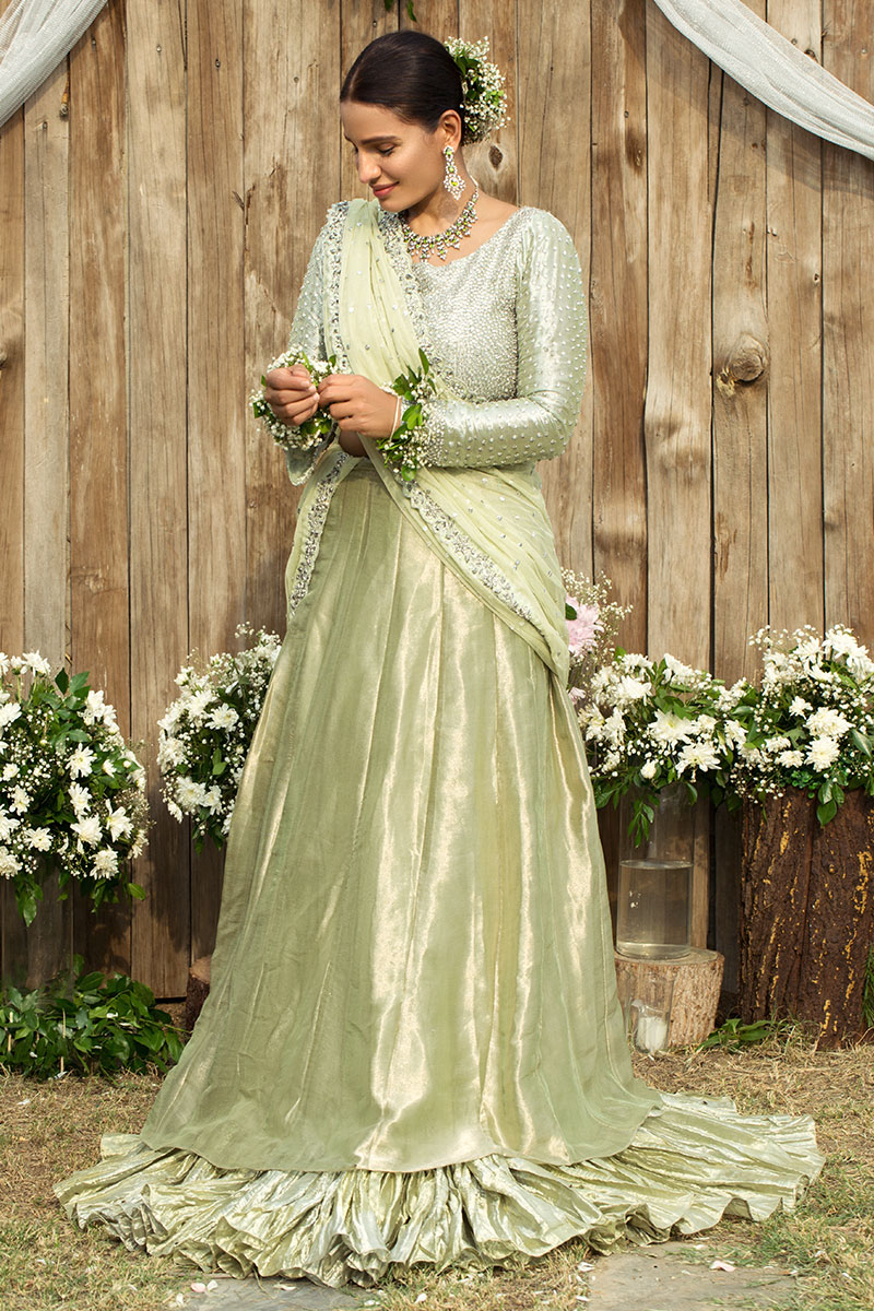 Eau-De-Nil Swarovski Embellished Metallic Lehenga (3-Piece) - Image 2