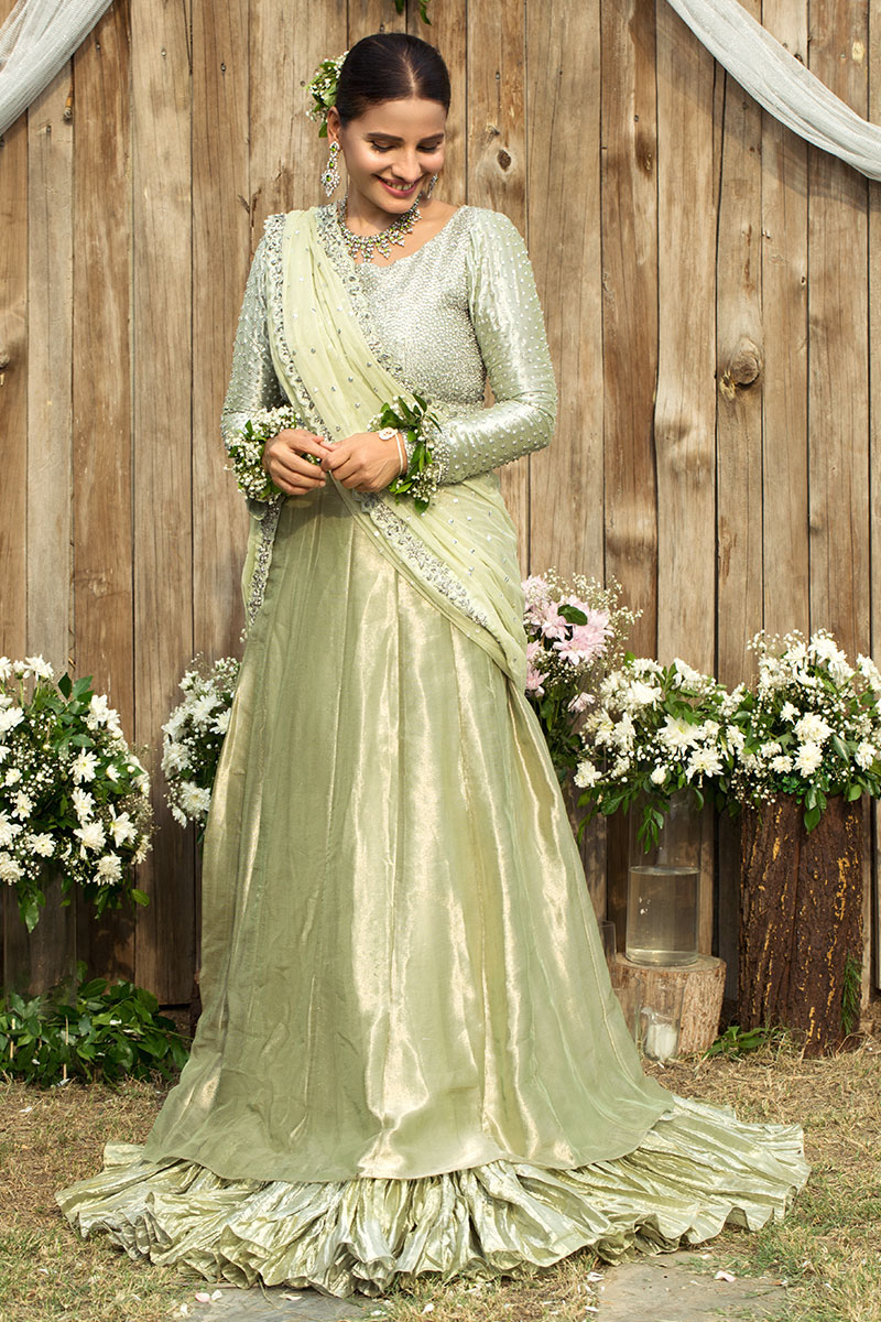 Eau-De-Nil Swarovski Embellished Metallic Lehenga (3-Piece) - Image 3