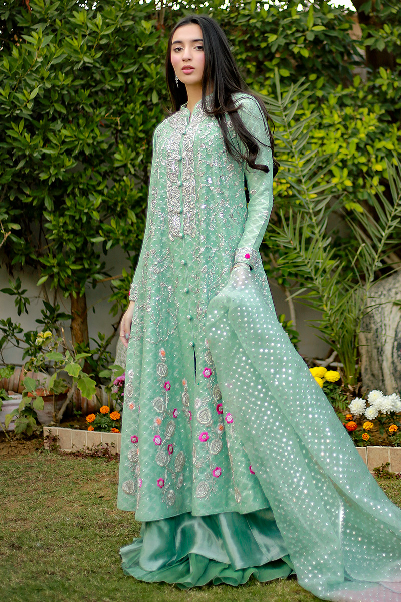 Mint Green Embroidered Metallic Tissue Lehenga (3-Piece) - Image 1