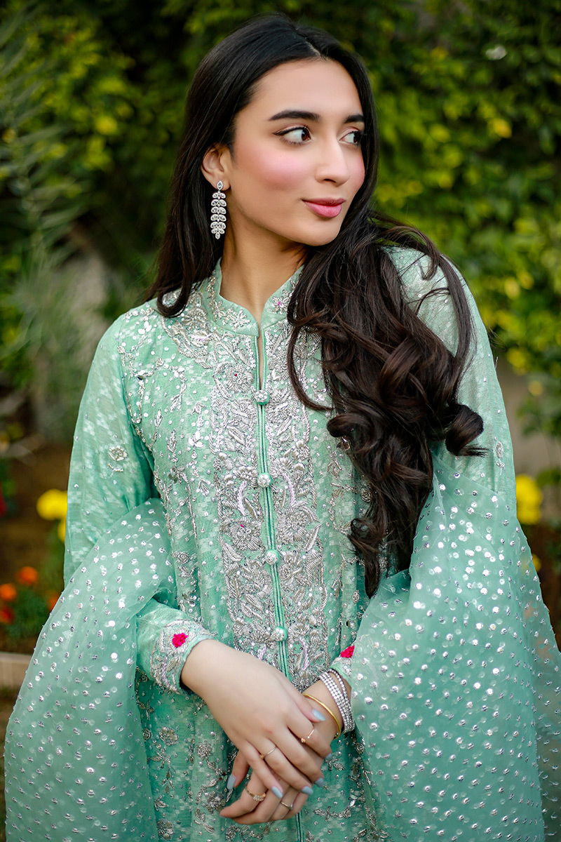 Mint Green Embroidered Metallic Tissue Lehenga (3-Piece) - Image 2