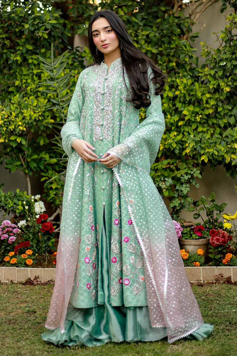 Mint Green Embroidered Metallic Tissue Lehenga (3-Piece) - Image 3
