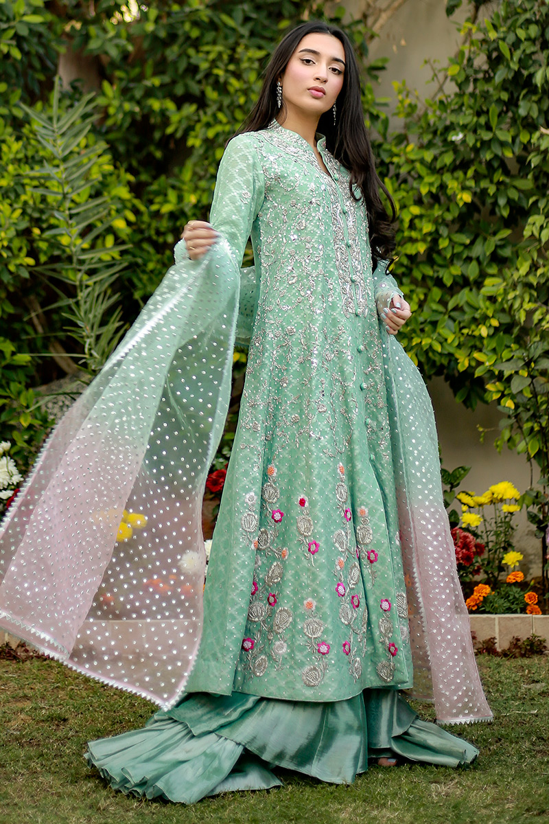 Mint Green Embroidered Metallic Tissue Lehenga (3-Piece) - Image 4