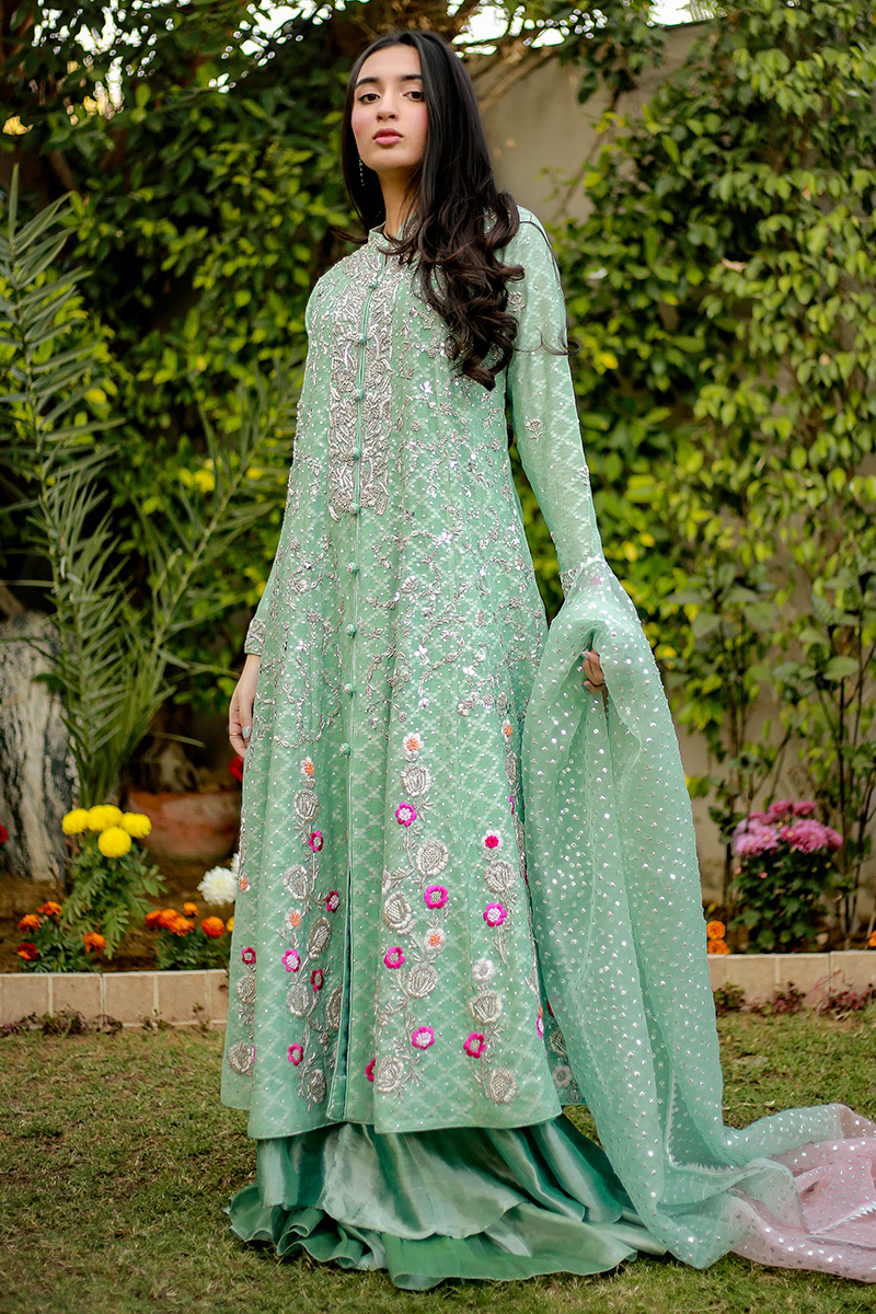 Mint Green Embroidered Metallic Tissue Lehenga (3-Piece) - Image 6