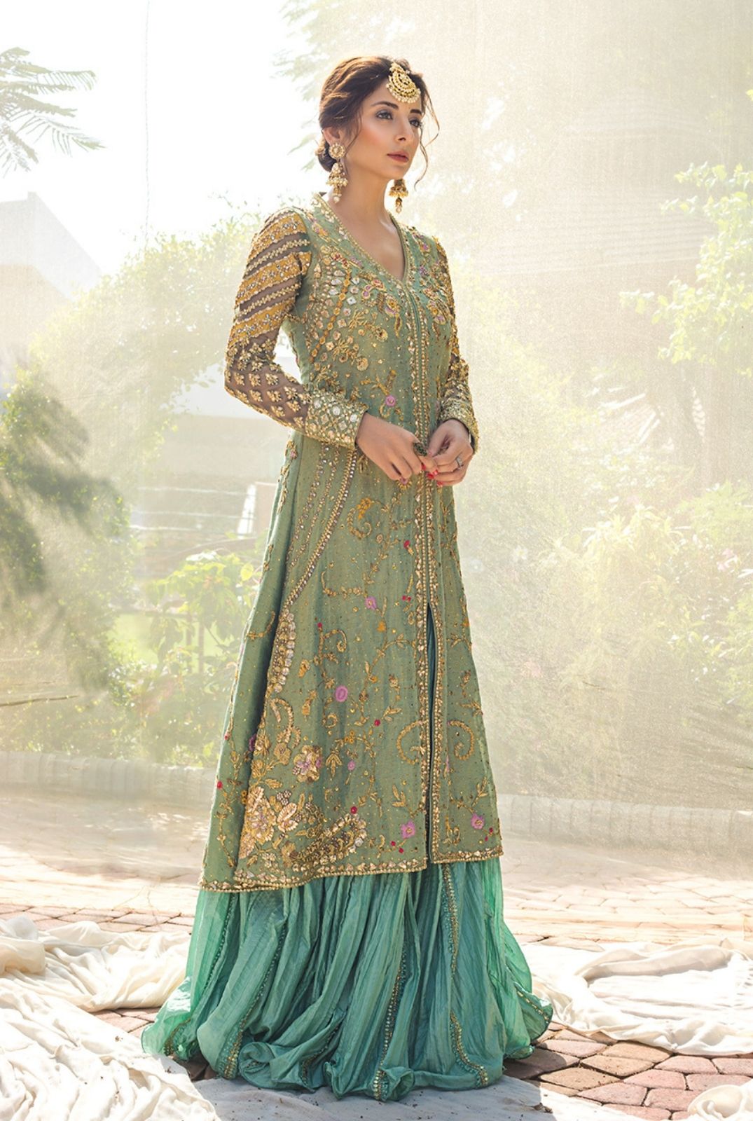 Mint Zardozi Meysuri Long Shirt & Crushed Lehenga (2-Piece) - Image 1