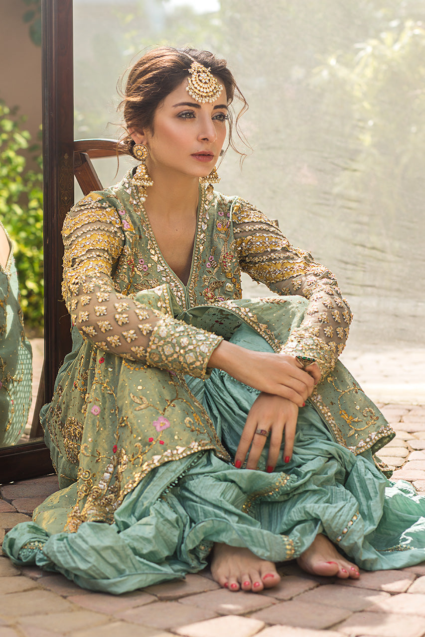 Mint Zardozi Meysuri Long Shirt & Crushed Lehenga (2-Piece) - Image 3