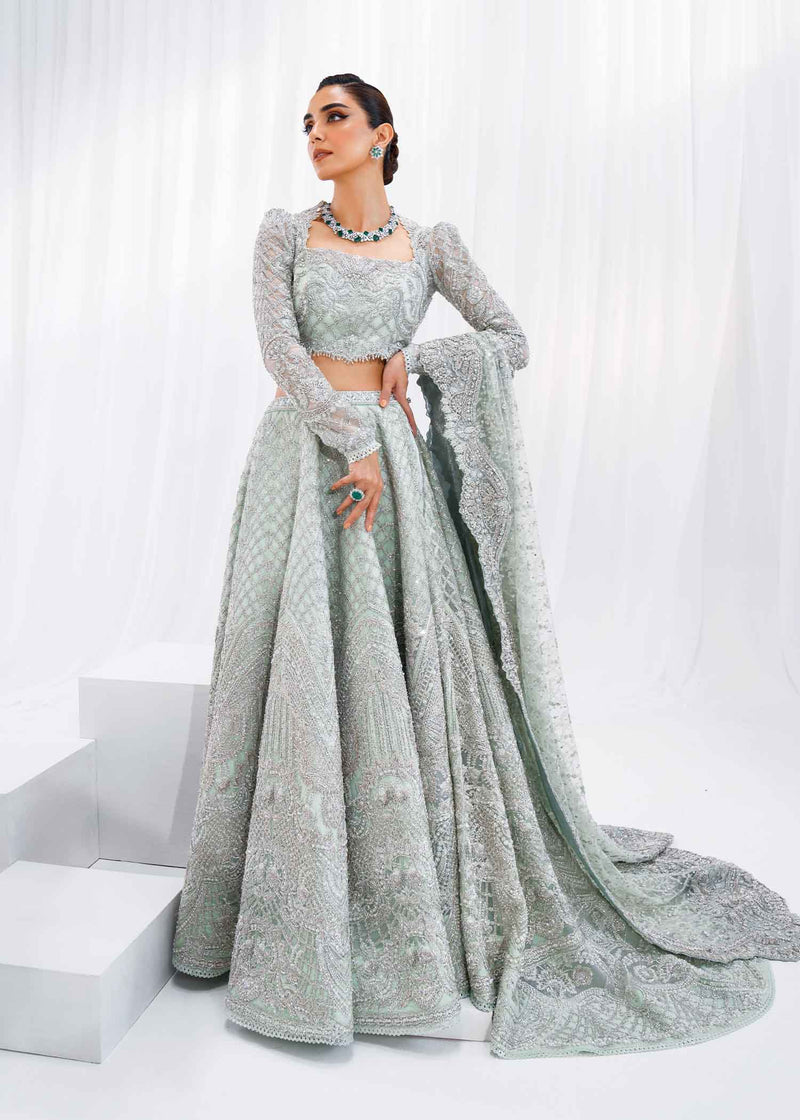 Pakistani Mint Green Embroidered Net Lehenga (3-Piece) - Image 1