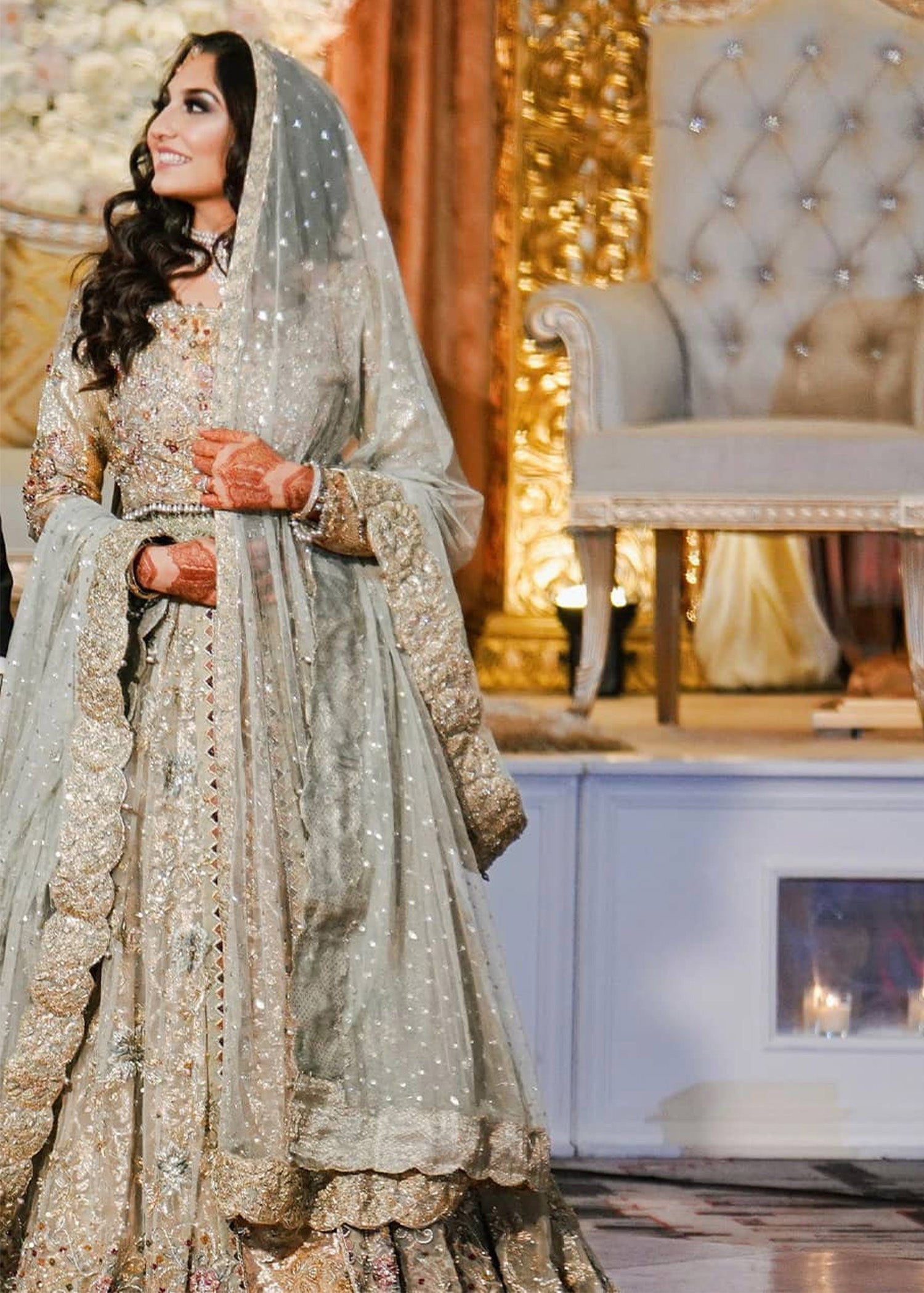 Pistachio Embroidered Net Bridal Lehenga (3-Piece) - Image 1