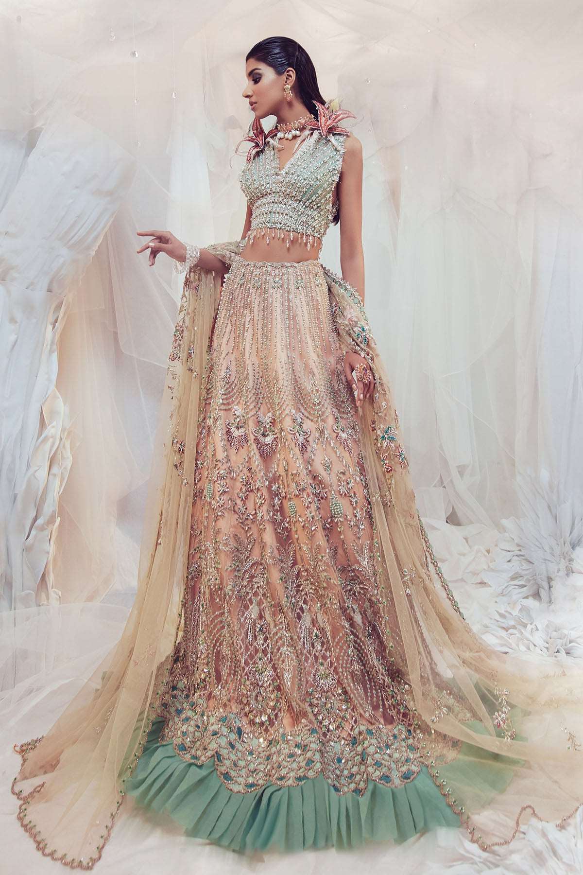Mint and Coral Embroidered Net Lehenga Choli (3-Piece) - Image 1