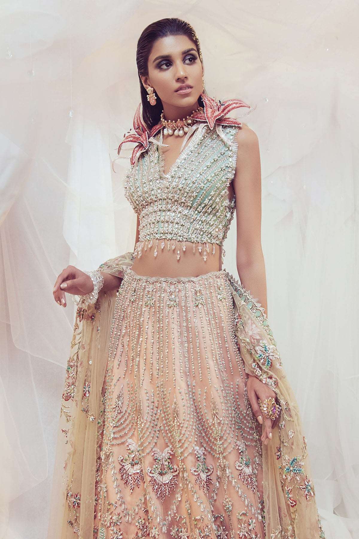 Mint and Coral Embroidered Net Lehenga Choli (3-Piece) - Image 2