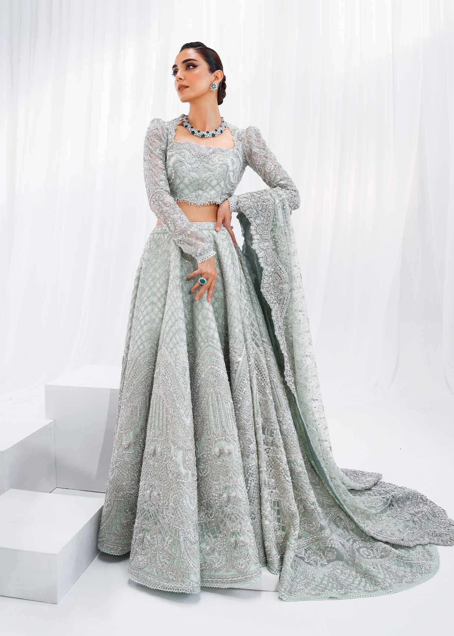 Mint Green Embellished Net Lehenga Choli (3-Piece) - Image 2