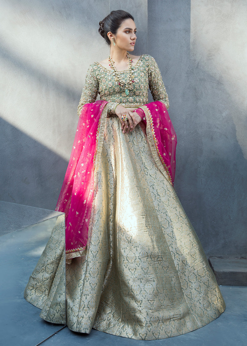 Olive Green Embroidered Net & Brocade Lehenga Choli (3-Piece) - Image 1