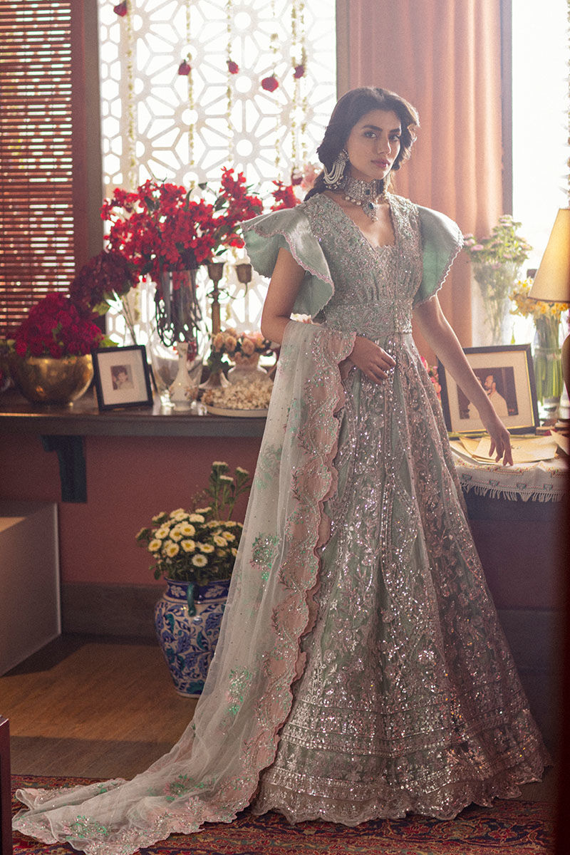 Pakistani Pastel Green Embroidered Net Kalidaar Lehenga (3-Piece) - Image 1