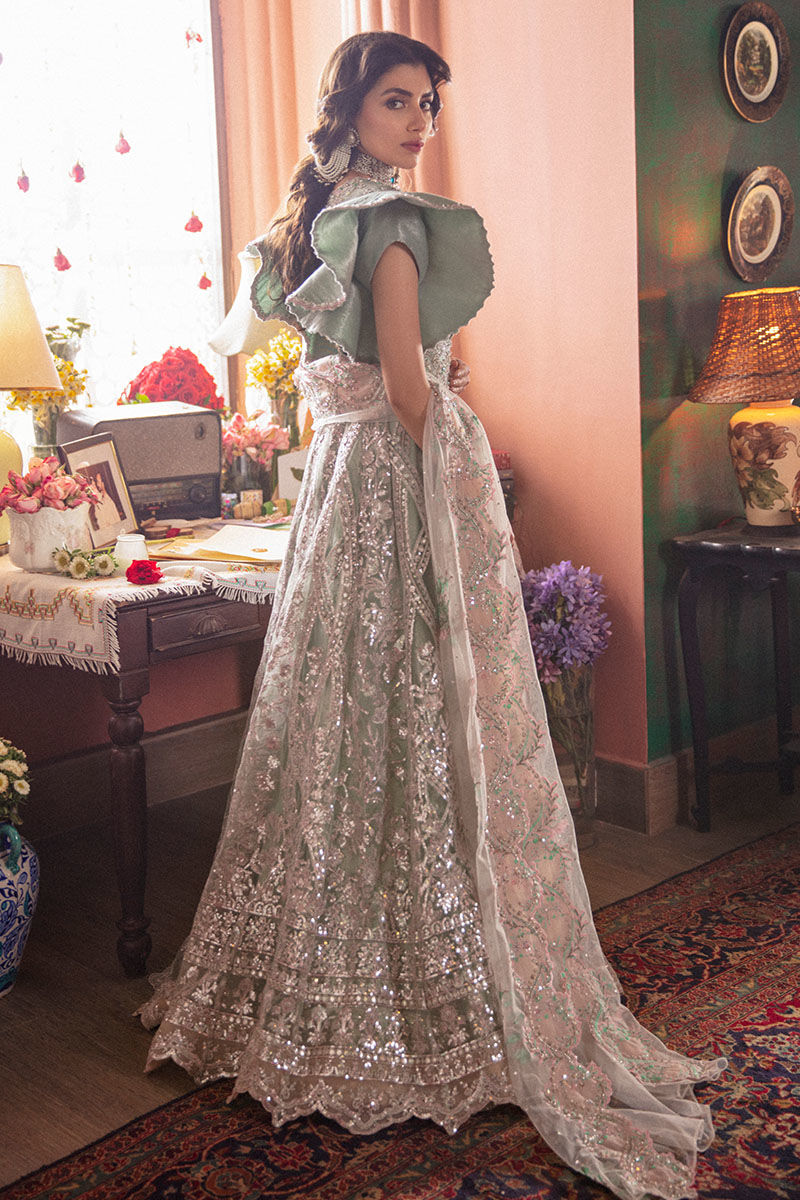 Pakistani Pastel Green Embroidered Net Kalidaar Lehenga (3-Piece) - Image 8