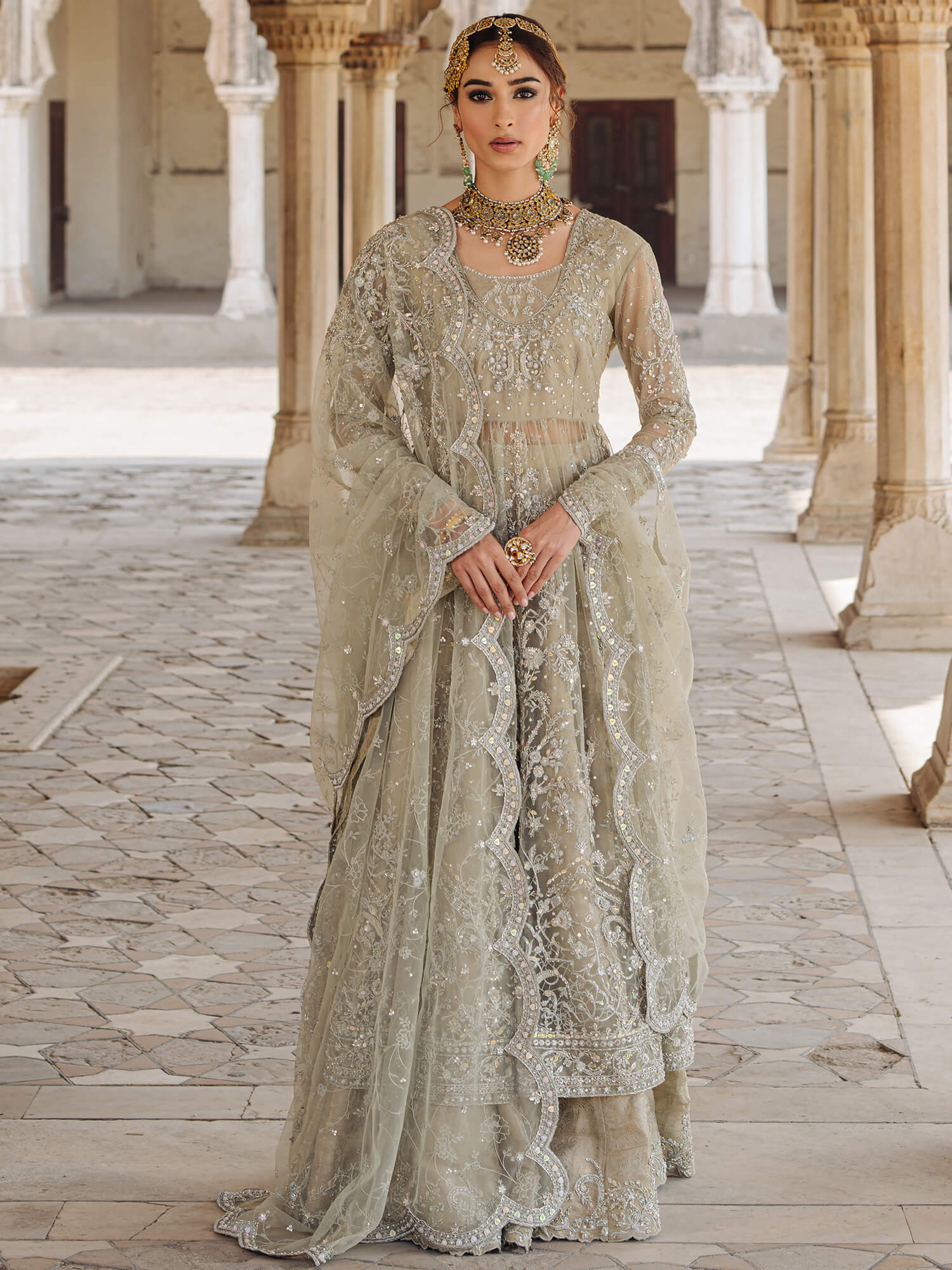 Sage Green Zardozi Net & Brocade Lehenga (3-Piece) - Image 1