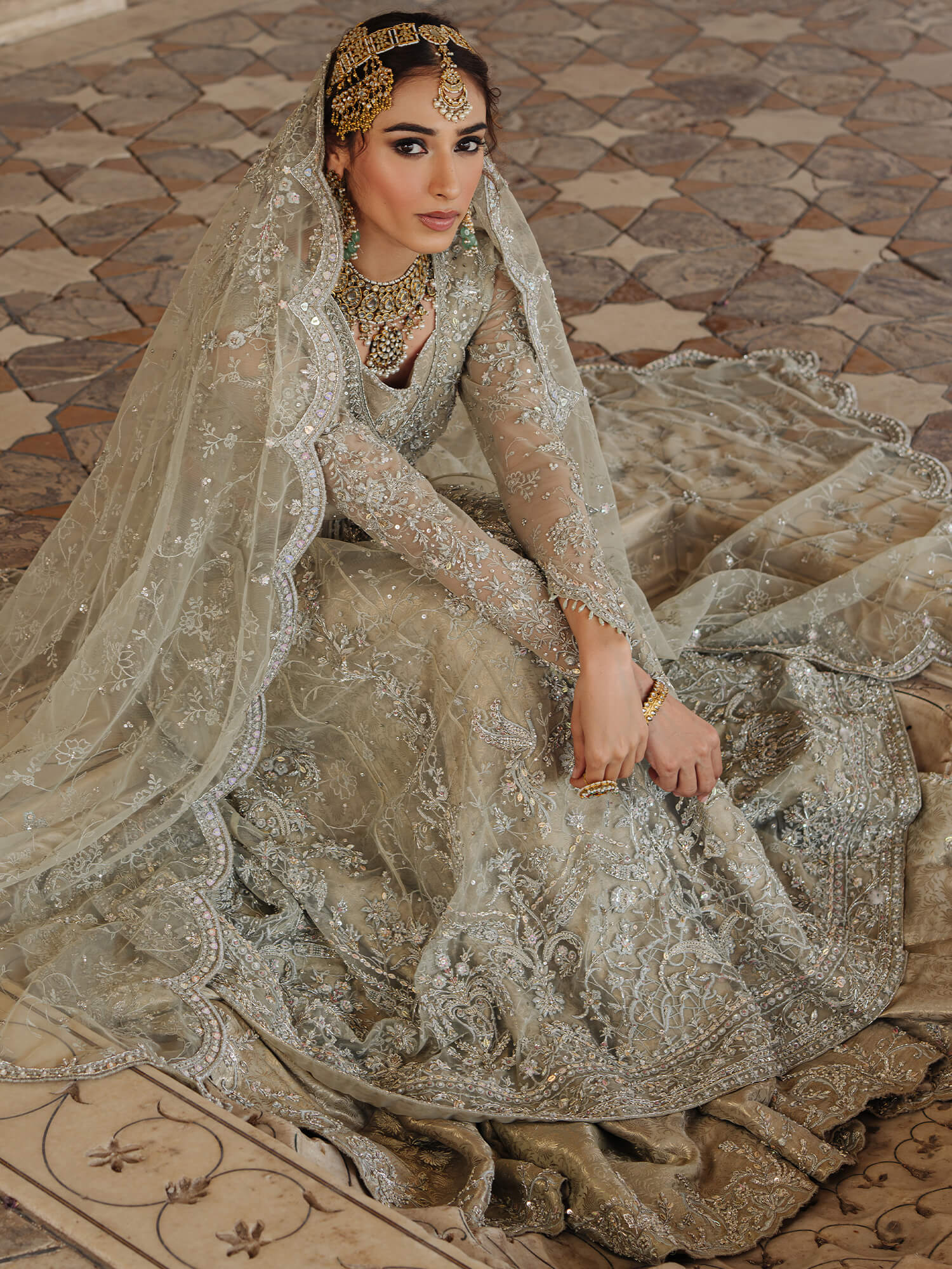 Sage Green Zardozi Net & Brocade Lehenga (3-Piece) - Image 2