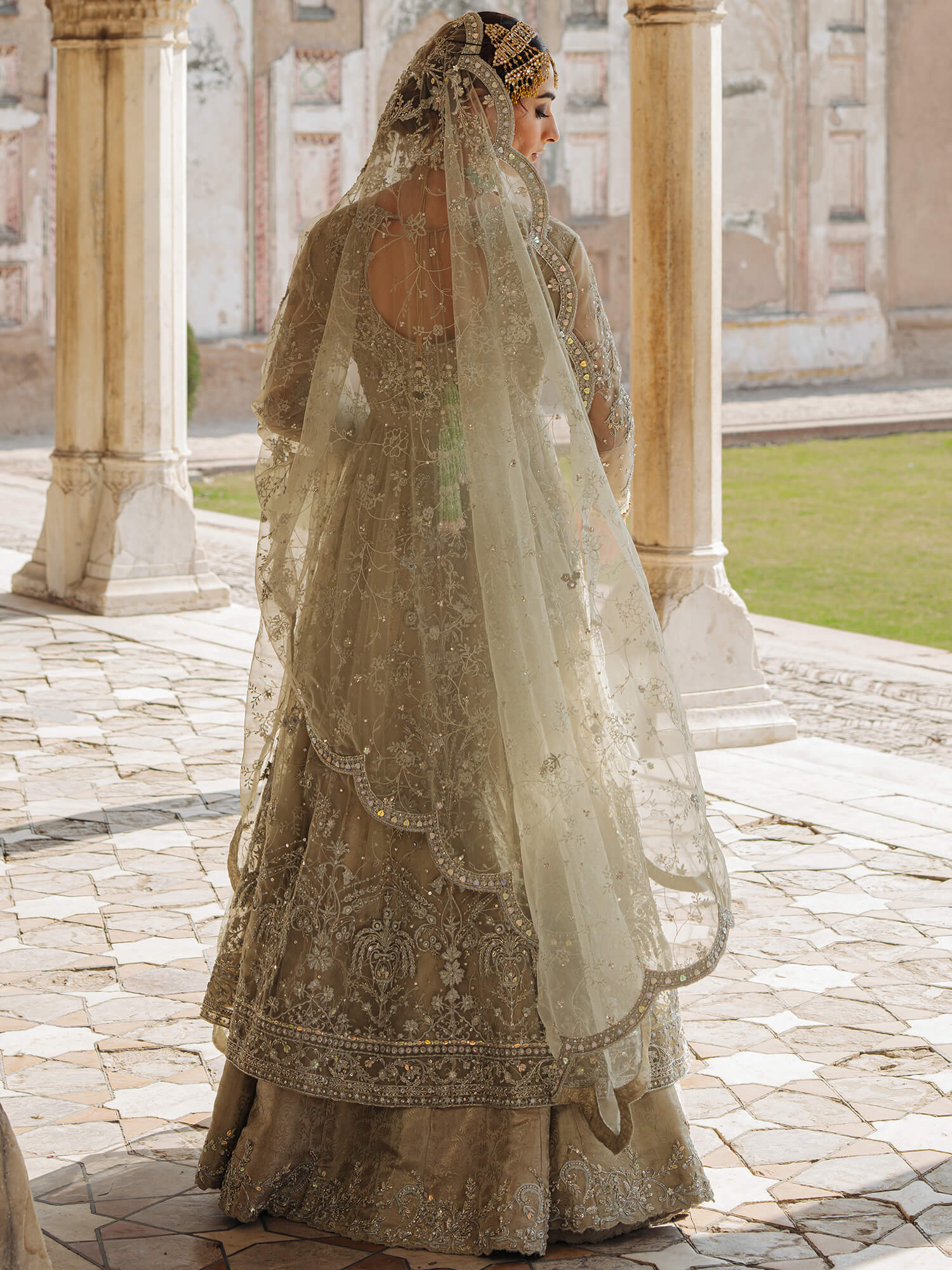 Sage Green Zardozi Net & Brocade Lehenga (3-Piece) - Image 3
