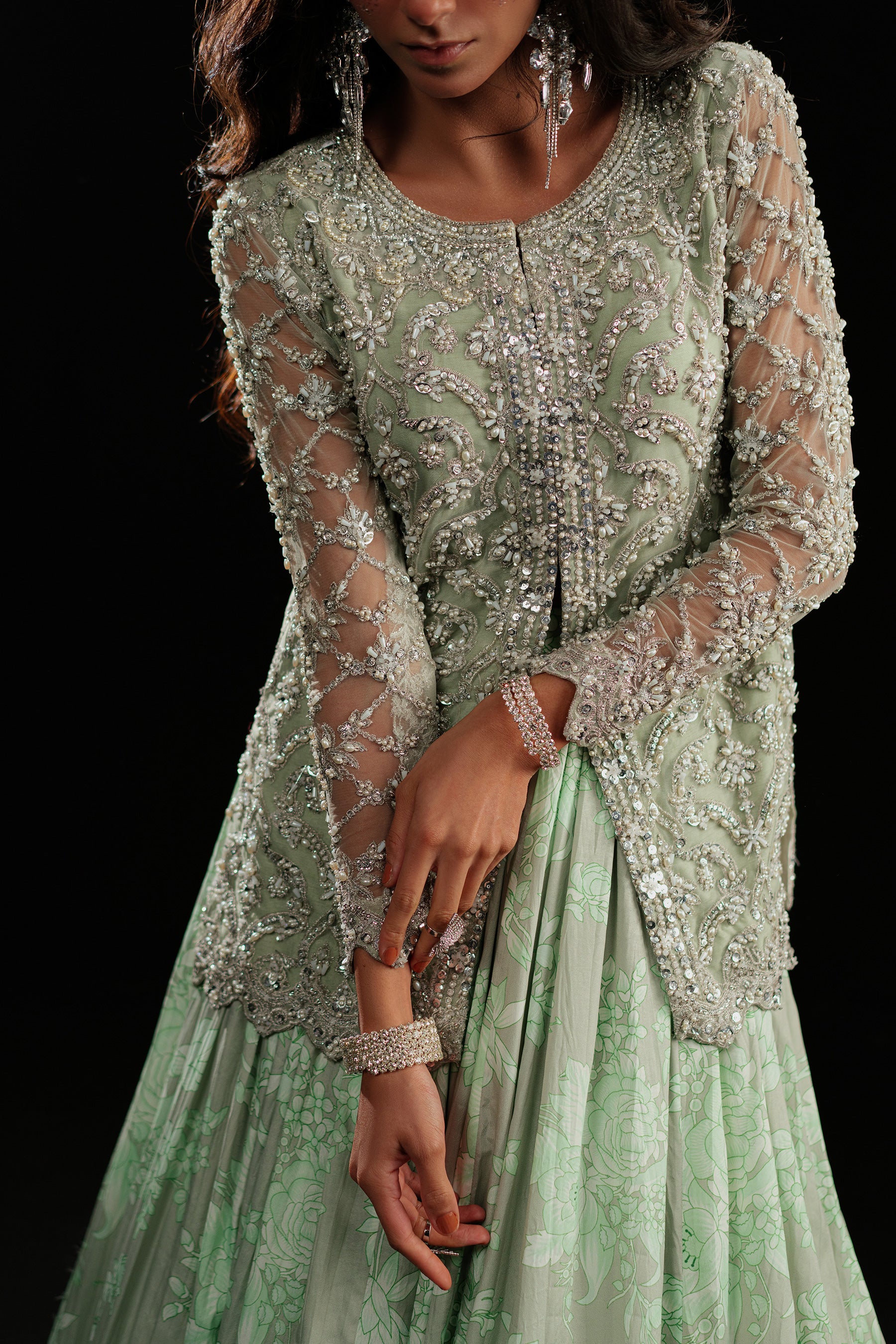 Mint Dove Hand-Embellished Net & Crepe Lehenga (3-Piece) - Image 3