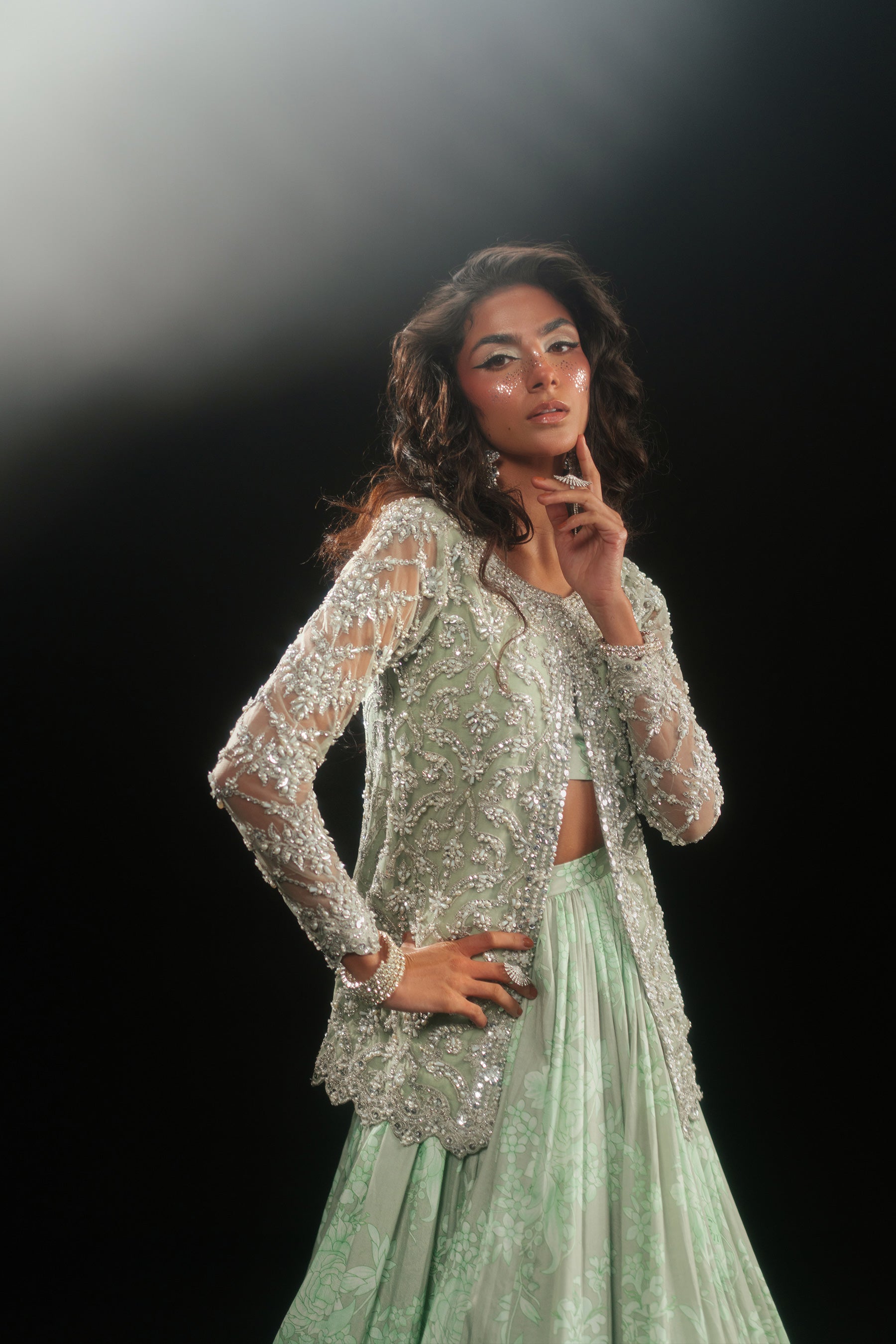 Mint Dove Hand-Embellished Net & Crepe Lehenga (3-Piece) - Image 5