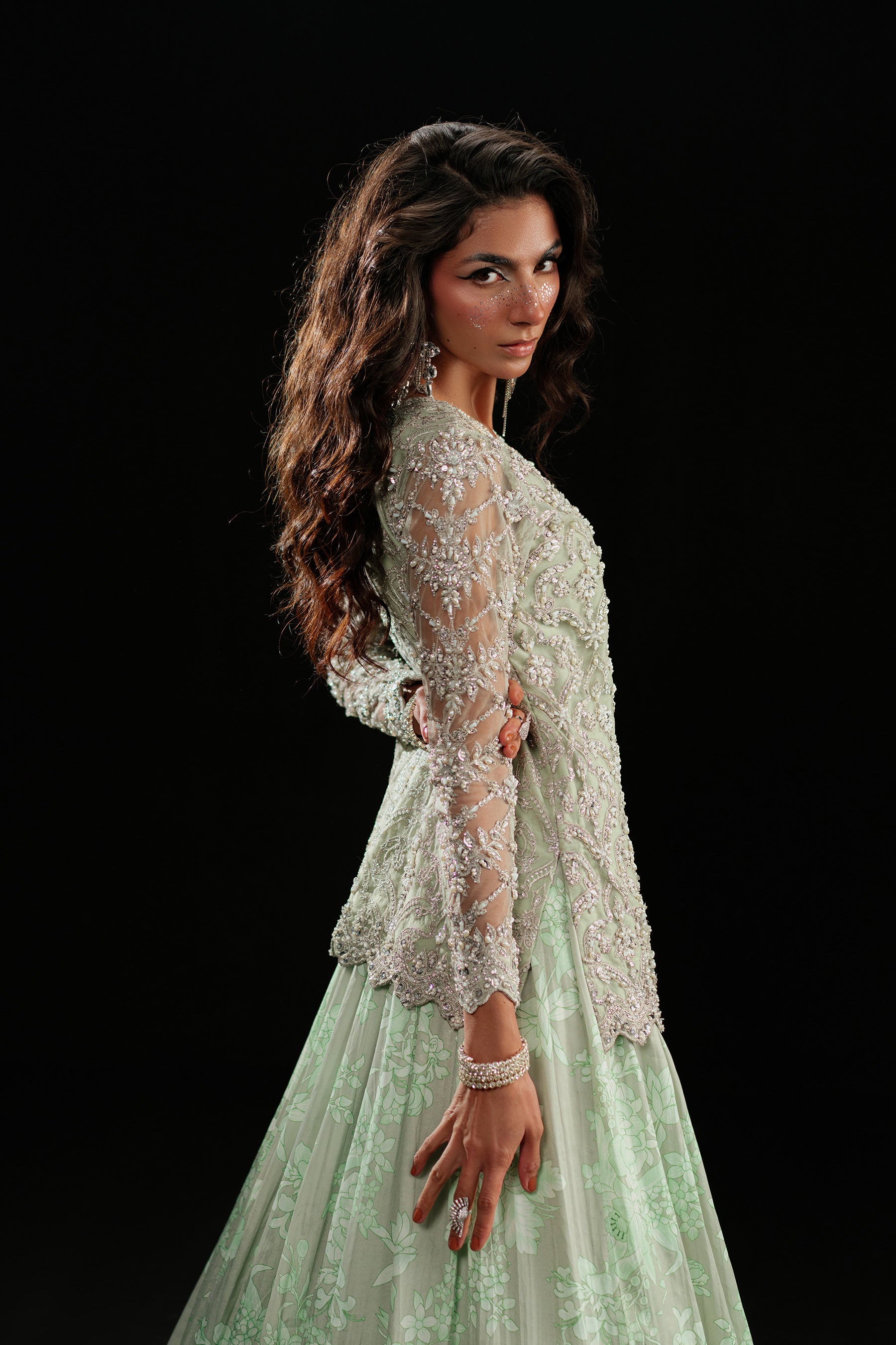 Mint Dove Embellished Net & Crepe Lehenga (3-Piece) - Image 2