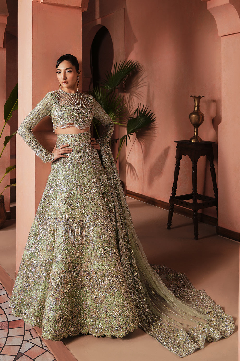 Aqua Green Embellished Net Bridal Lehenga (3-Piece) - Image 1