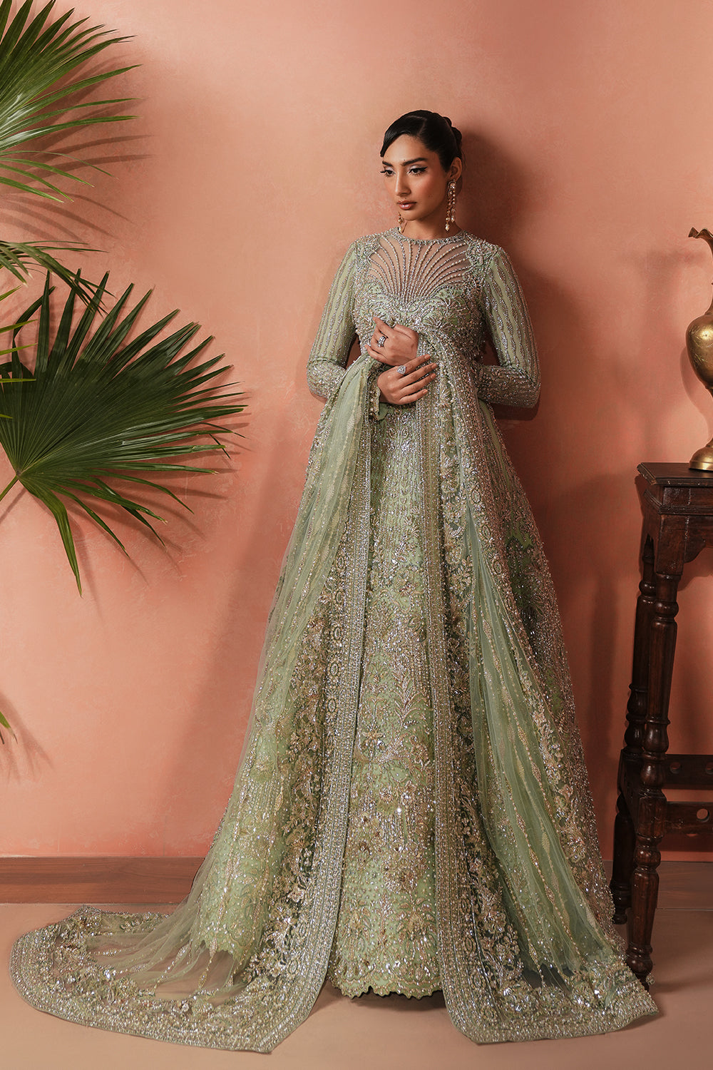 Aqua Green Embellished Net Bridal Lehenga (3-Piece) - Image 2