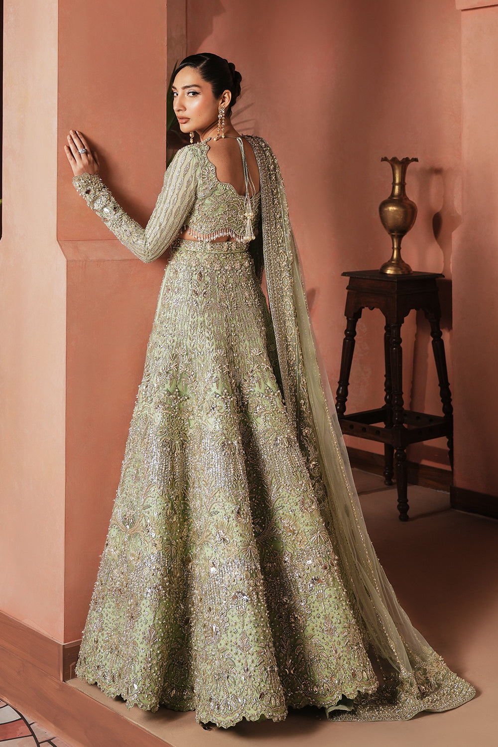 Aqua Green Embellished Net Bridal Lehenga (3-Piece) - Image 4
