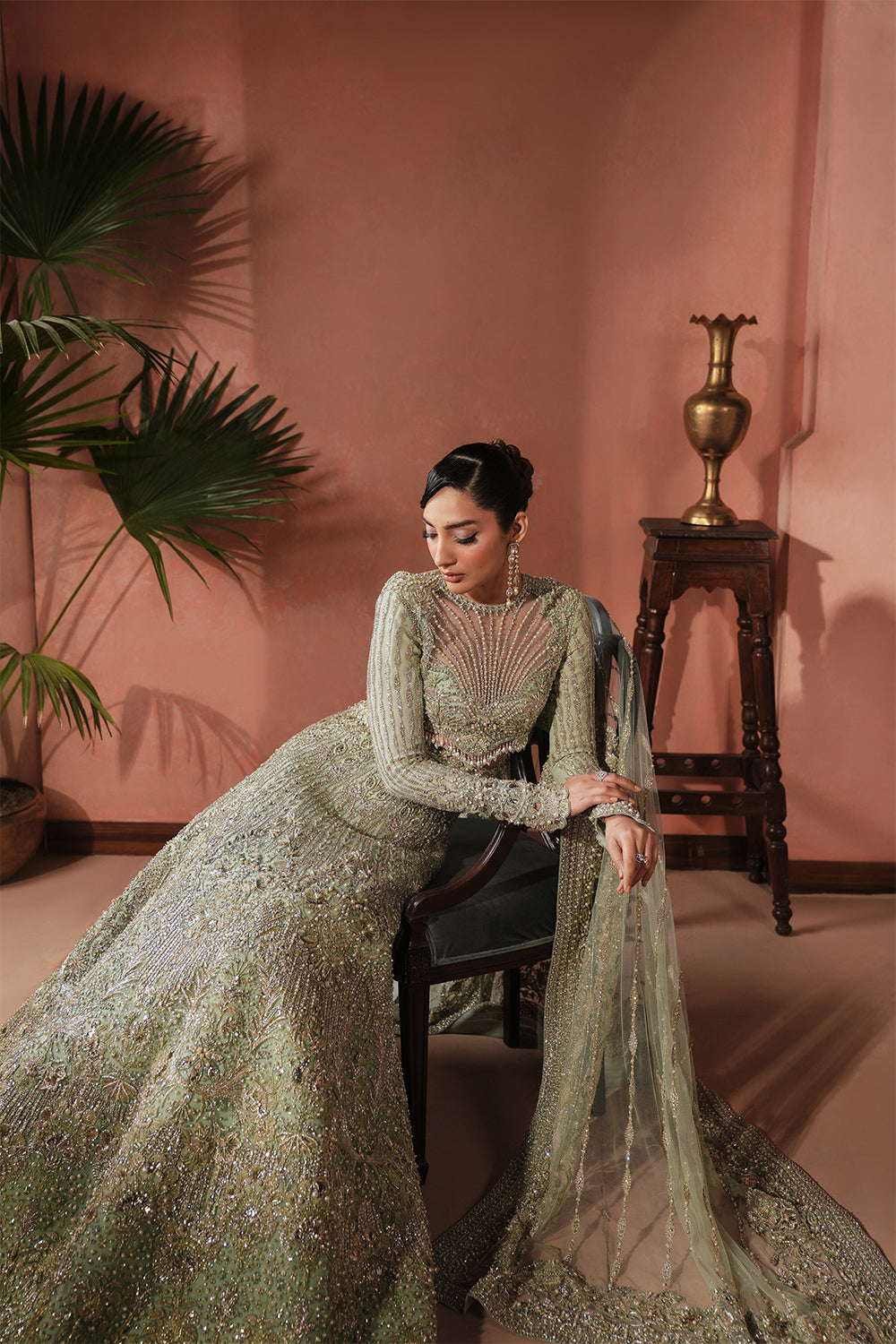 Aqua Green Embellished Net Bridal Lehenga (3-Piece) - Image 5