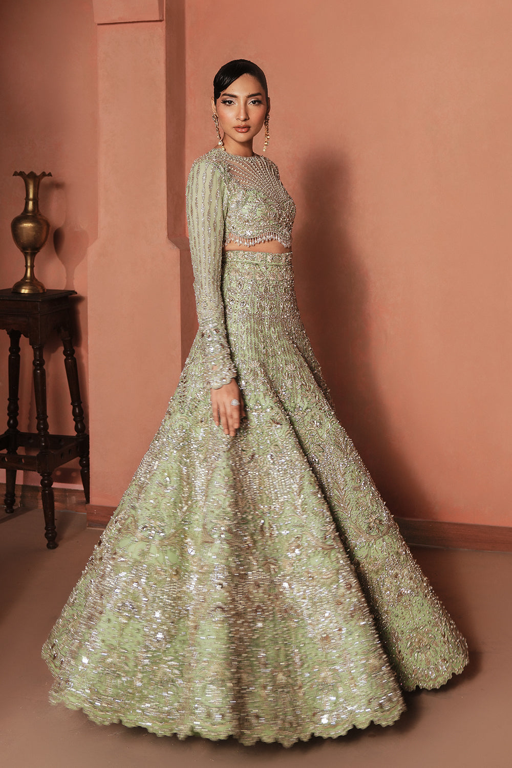 Aqua Green Embellished Net Bridal Lehenga (3-Piece) - Image 6