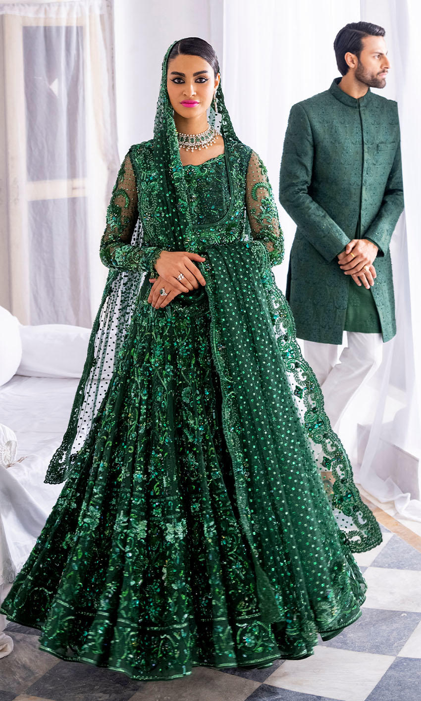 Pakistani Emerald Crystal & Stonework Net Silk Bridal Lehenga (3-Piece) - Image 1
