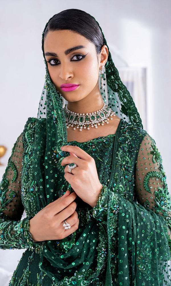 Pakistani Emerald Crystal & Stonework Net Silk Bridal Lehenga (3-Piece) - Image 3