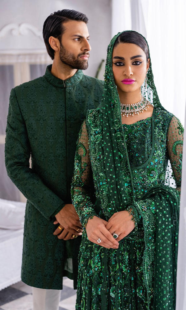 Pakistani Emerald Crystal & Stonework Net Silk Bridal Lehenga (3-Piece) - Image 5