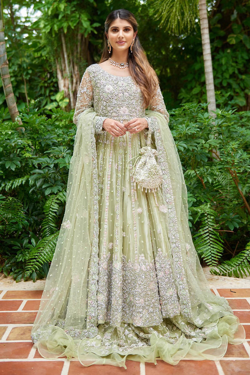 Mint Green Embroidered Net Kalidar Lehenga (3-Piece) - Image 1