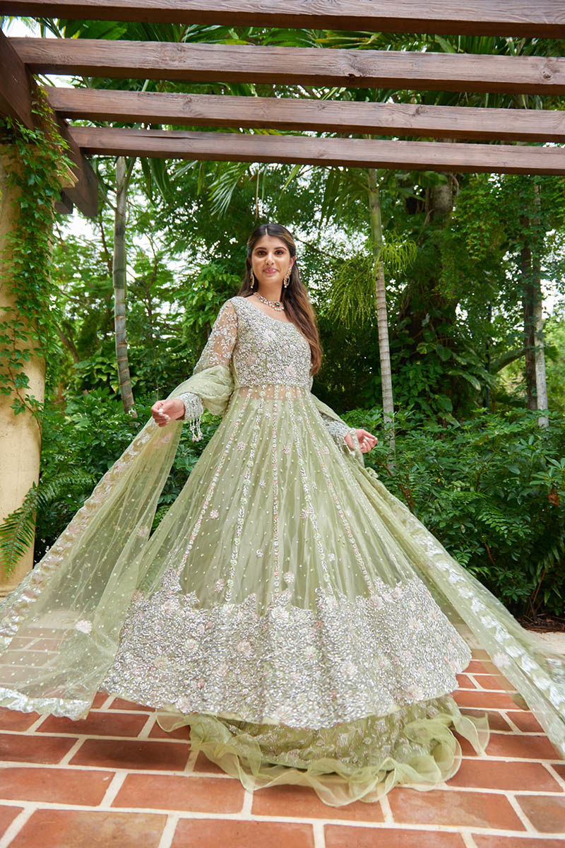 Mint Green Embroidered Net Kalidar Lehenga (3-Piece) - Image 3