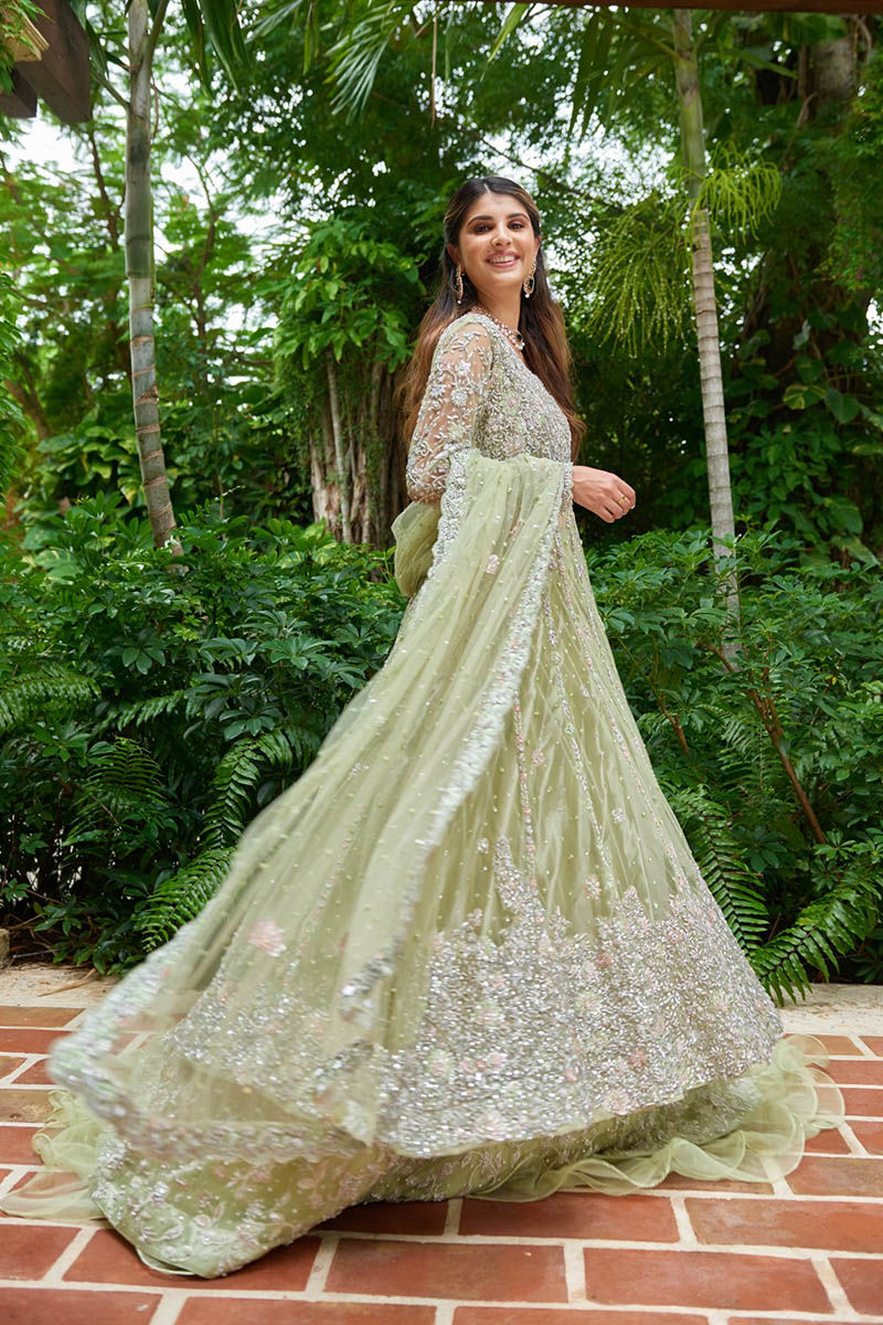 Mint Green Embroidered Net Kalidar Lehenga (3-Piece) - Image 4