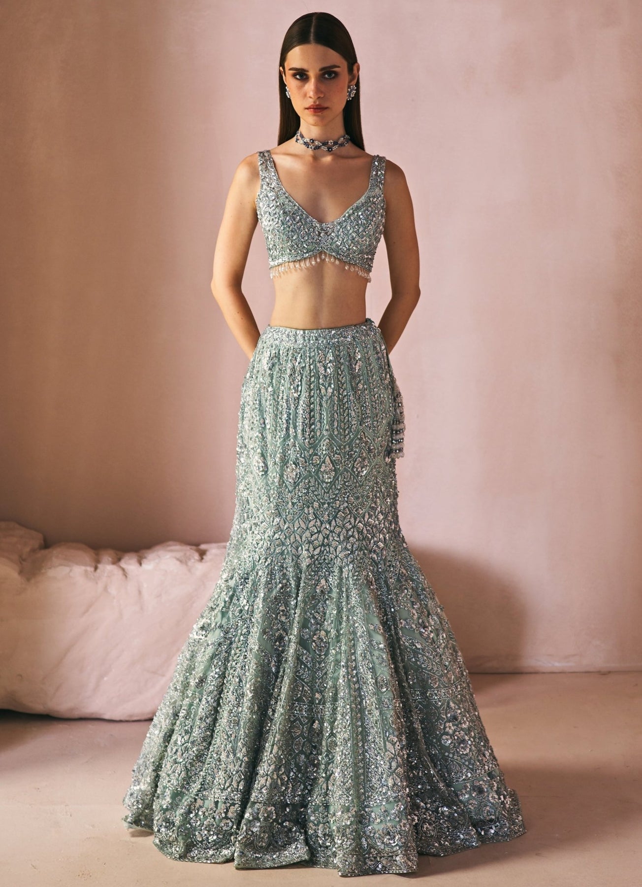 Mint Green Embroidered Net Mermaid Lehenga (3-Piece) - Image 2