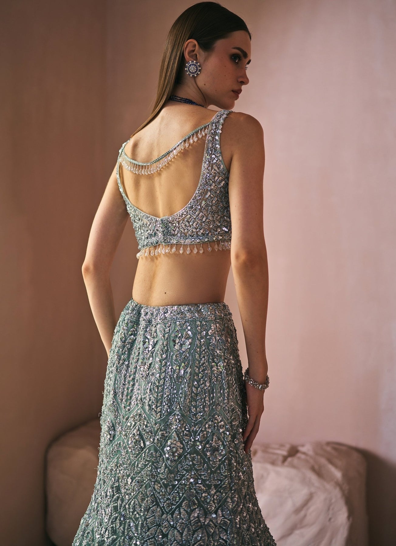 Mint Green Embroidered Net Mermaid Lehenga (3-Piece) - Image 3