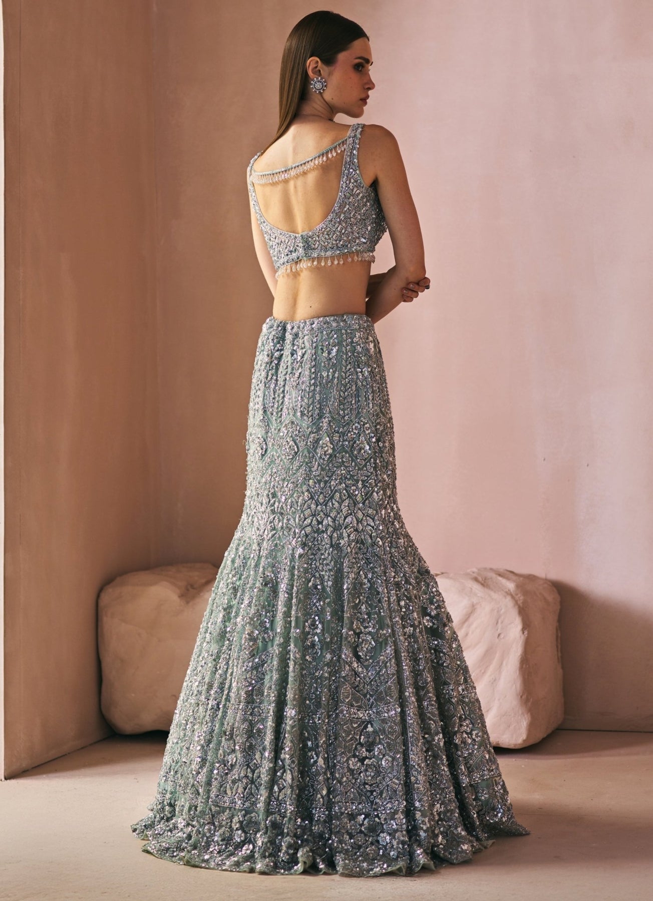 Mint Green Embroidered Net Mermaid Lehenga (3-Piece) - Image 4