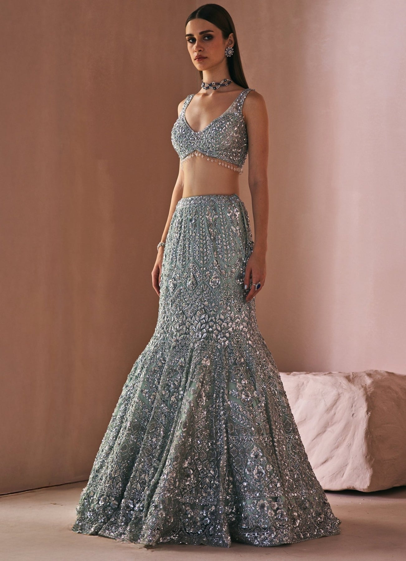 Mint Green Embroidered Net Mermaid Lehenga (3-Piece) - Image 5
