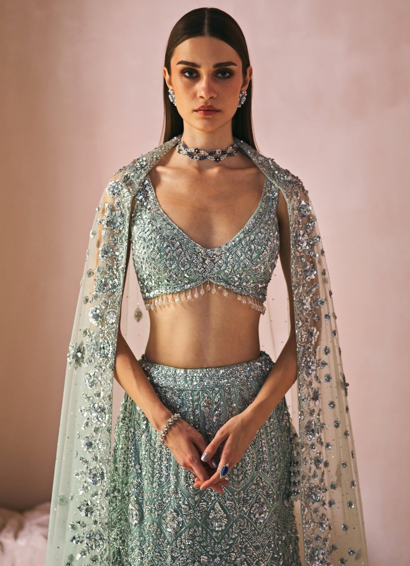 Mint Green Embroidered Net Mermaid Lehenga (3-Piece) - Image 6