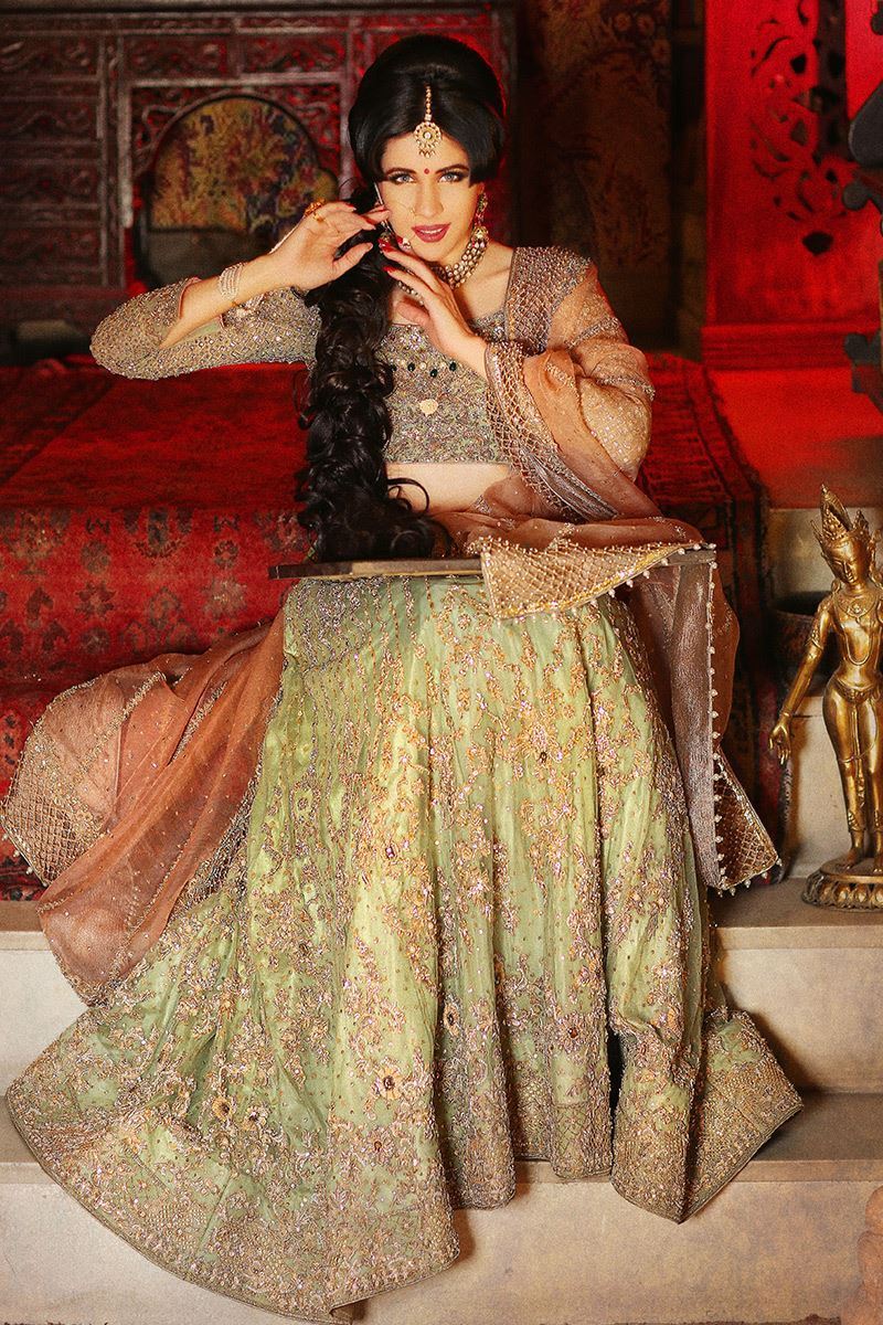 Pakistani Pistachio Green Embroidered Net Lehenga (3-Piece) - Image 1