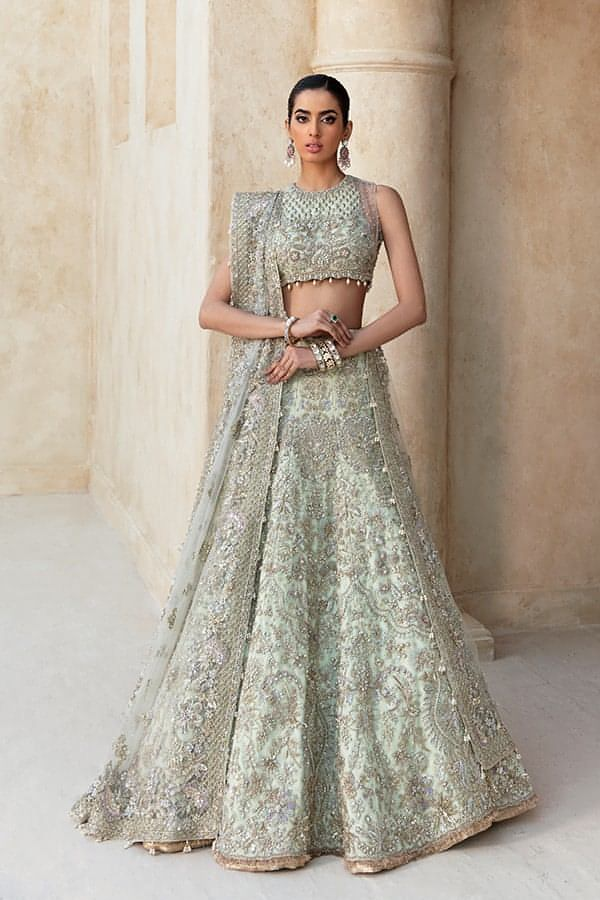 Pakistani Light Green 3D Floral Net Lehenga Choli (3-Piece) - Image 1