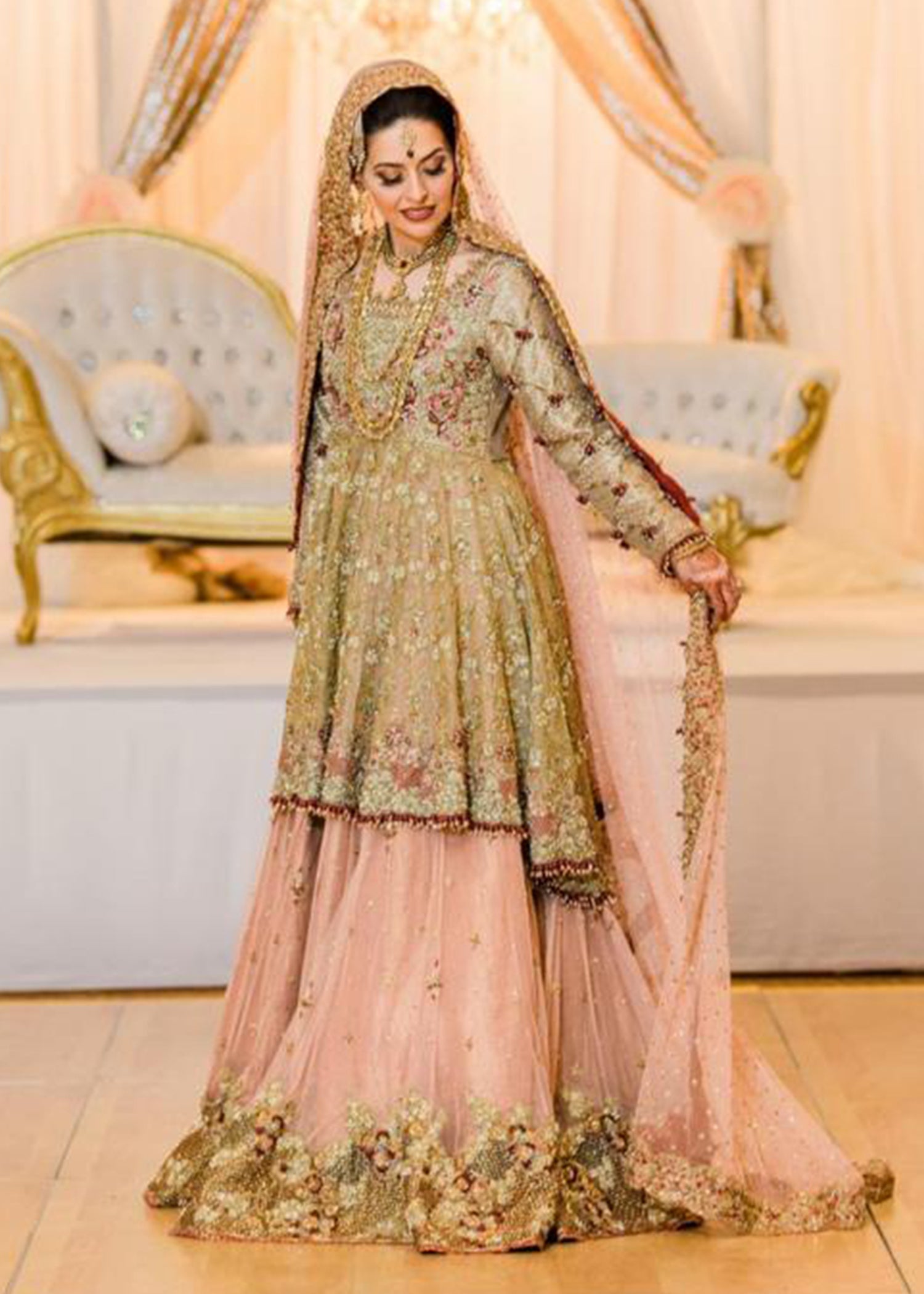 Pakistani Sage Green & Blush Pink Embellished Bridal Lehenga (3-Piece) - Image 1