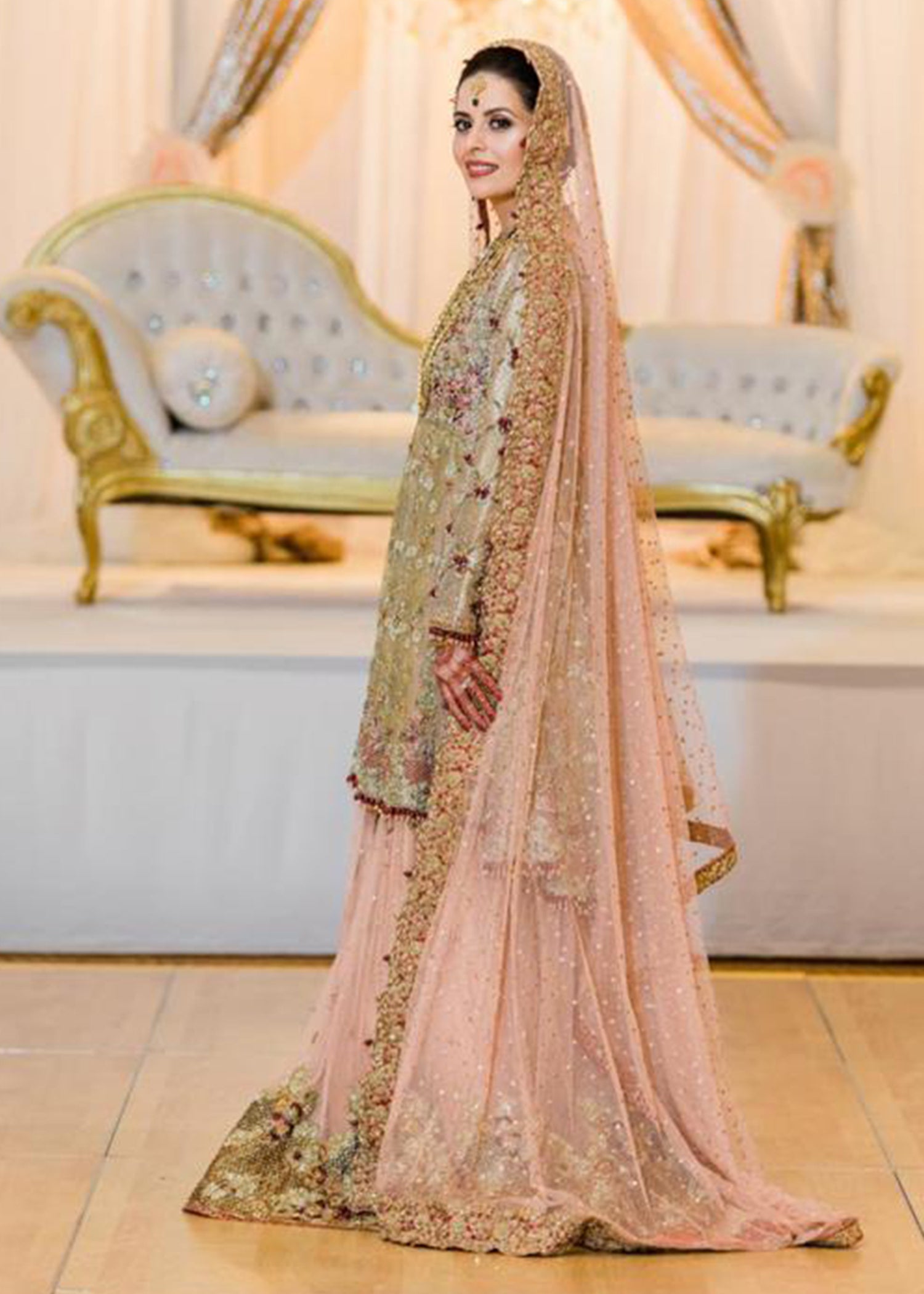 Pakistani Sage Green & Blush Pink Embellished Bridal Lehenga (3-Piece) - Image 2