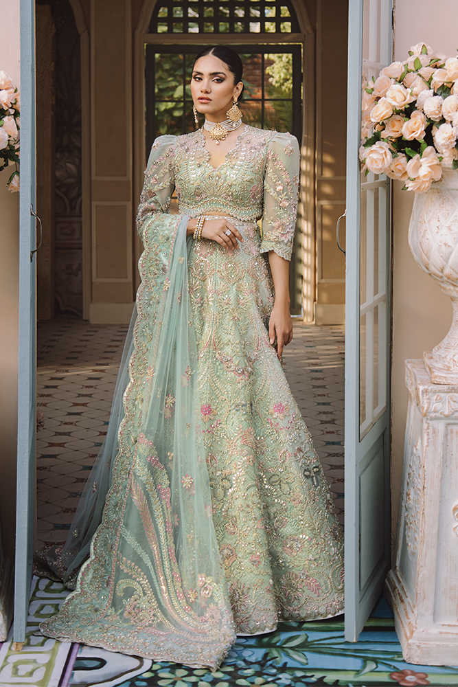 Mint Floral Embroidered Net Lehenga Choli (3-Piece) - Image 1
